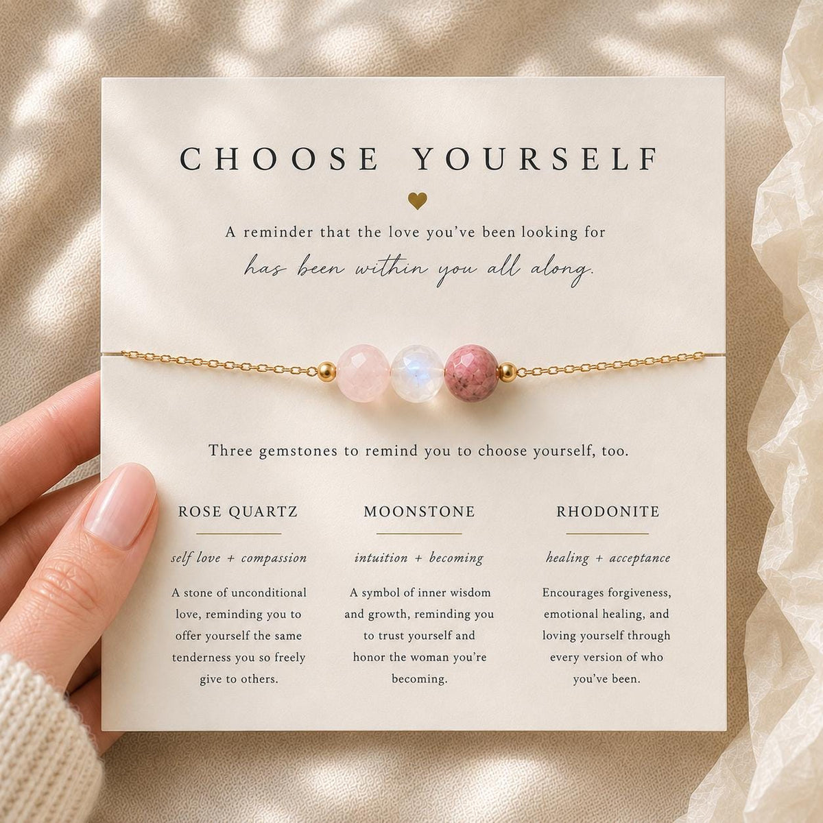 Choose Yourself Necklace | Self Love Gift for Her | Rose Quartz Moonstone Rhodonite Necklace | Healing Jewelry | Encouragement Gift