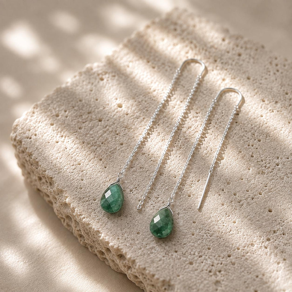 Raw Emerald Threader Earrings | Green Gemstone Drop Earrings | Gold Dangle Earrings | May Birthstone Jewelry | Minimalist Emerald Earrings