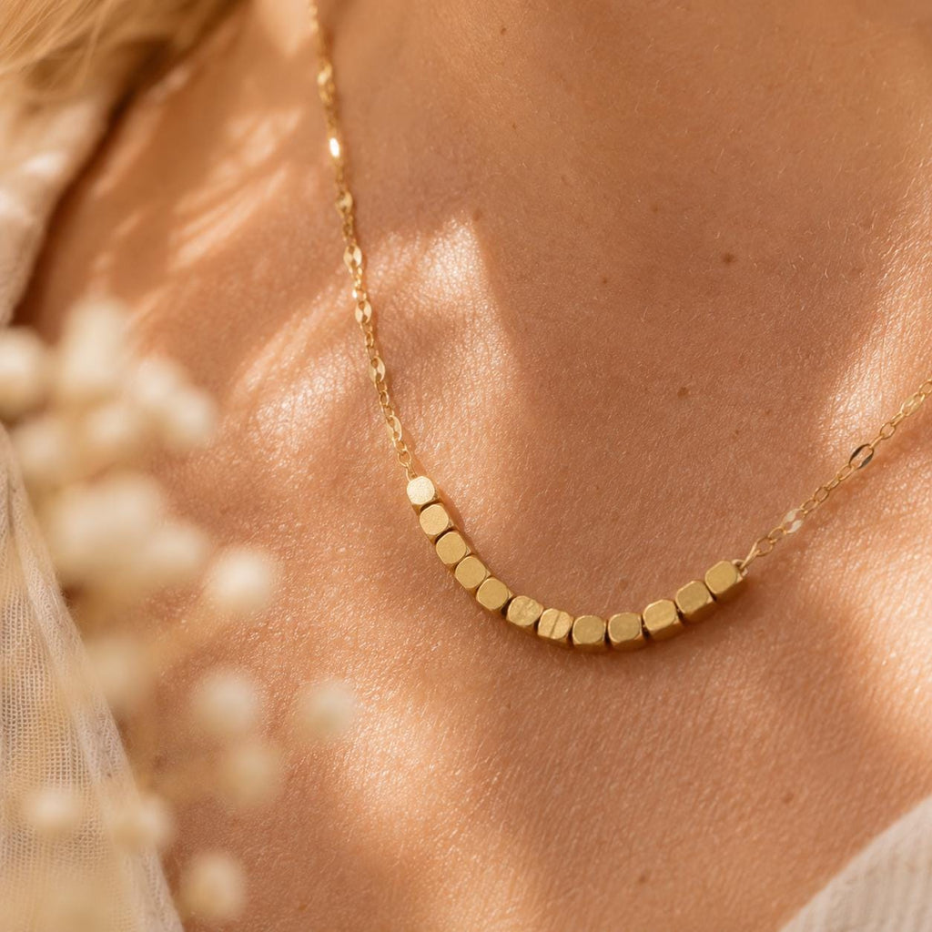Gold Beaded Bar Necklace, Dainty Minimalist Gold Necklace, Delicate Everyday Jewelry, Tiny Gold Bead Necklace, Layering Necklace