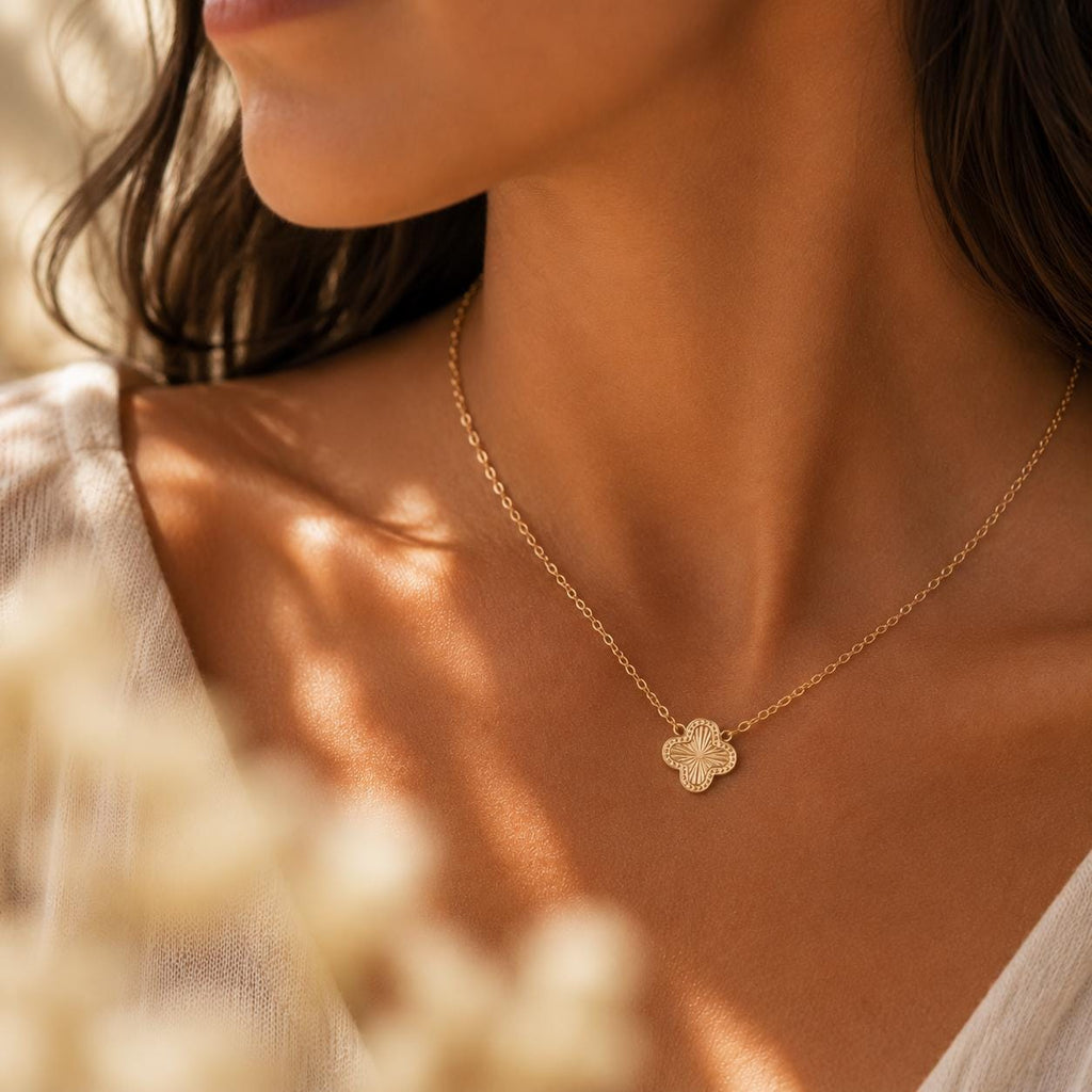Clover Sunburst Pendant Necklace | Dainty Gold Quatrefoil Necklace | Minimalist Everyday Jewelry | Good Luck Gift for Her