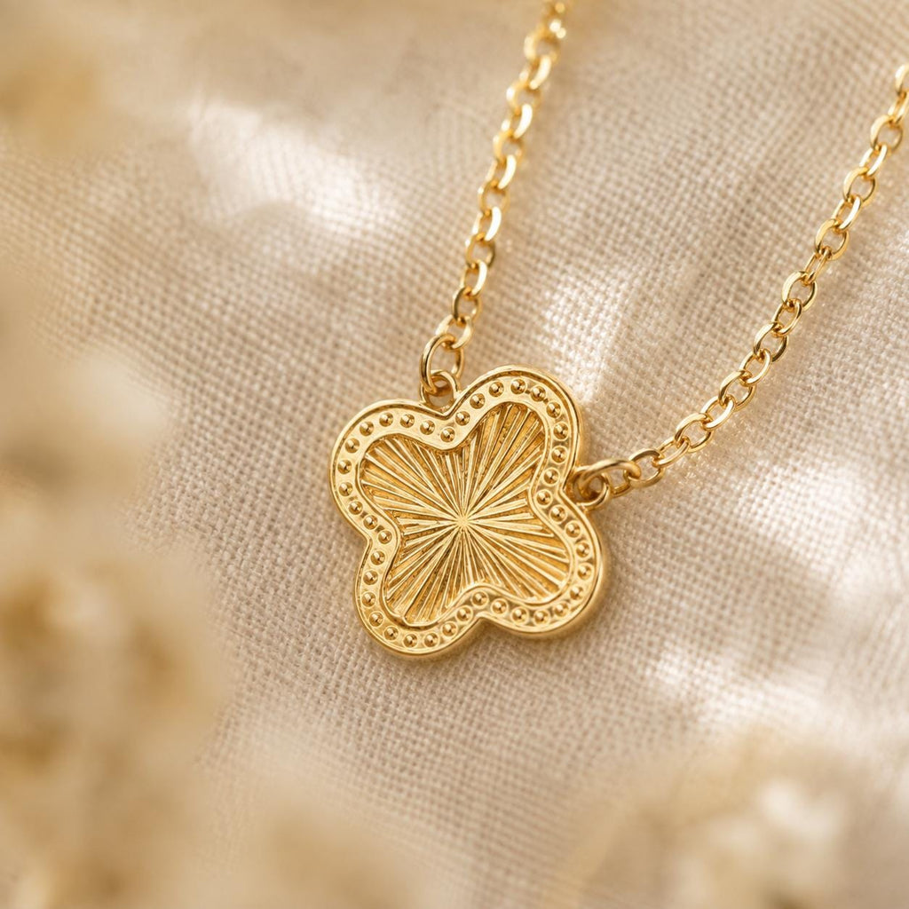 Clover Sunburst Pendant Necklace | Dainty Gold Quatrefoil Necklace | Minimalist Everyday Jewelry | Good Luck Gift for Her