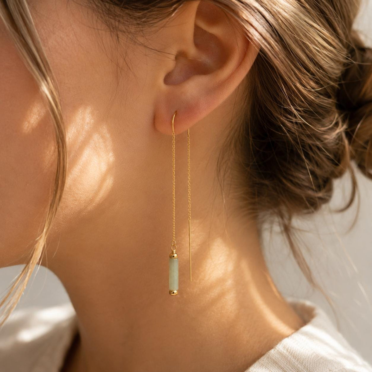 Natural Jade Threader Earrings | Green Gemstone Drop Earrings | Gold Dangle Earrings | May Birthstone Jewelry | Minimalist Jade Earrings
