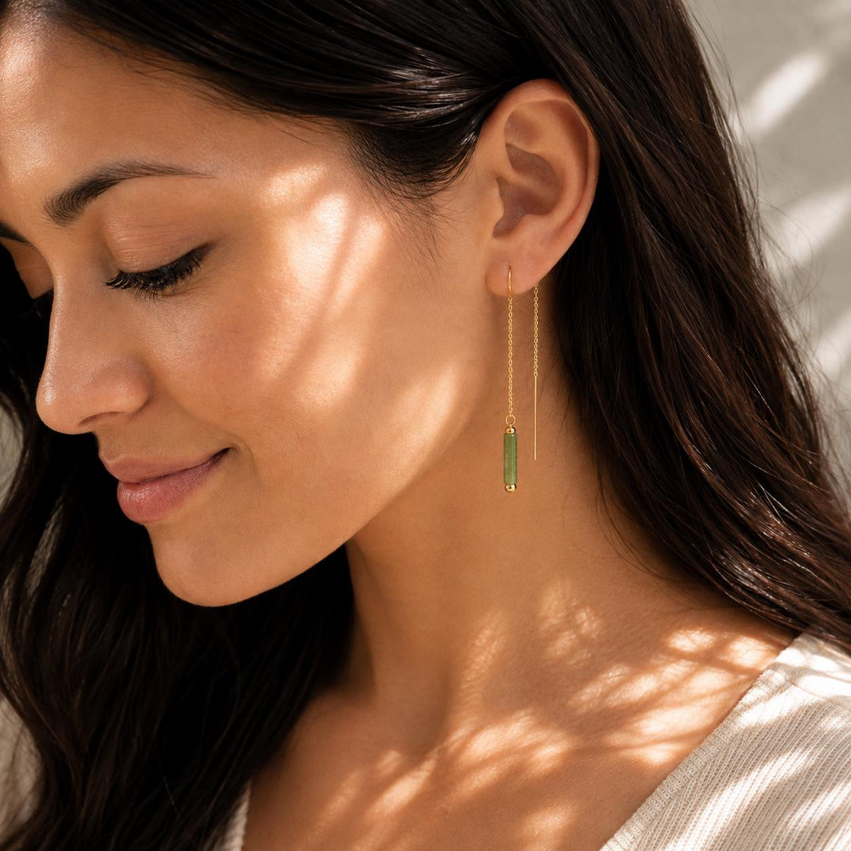 Natural Jade Threader Earrings | Green Gemstone Drop Earrings | Gold Dangle Earrings | May Birthstone Jewelry | Minimalist Jade Earrings
