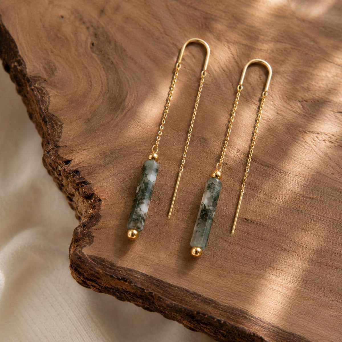Moss Agate Threader Earrings | Green Gemstone Drop Earrings | Gold Dangle Earrings | May Birthstone Jewelry | Minimalist Moss Agate Earrings
