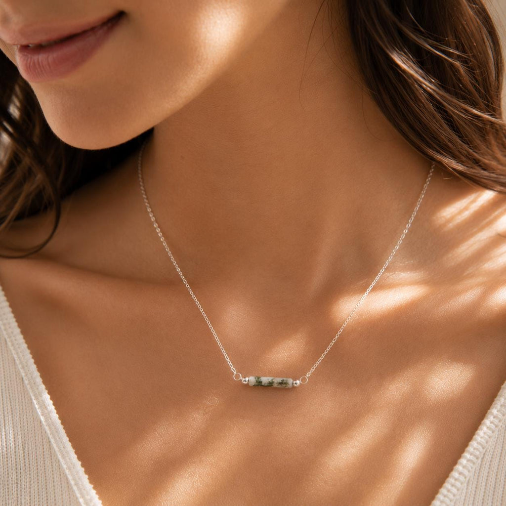Moss Agate Bar Necklace | Natural Gemstone | Dainty Moss Agate | Sterling Silver or Gold Filled Necklace | Minimalist Green Stone Jewelry