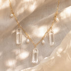 Clear Quartz & Pearl Drop Necklace – Gold Crystal Necklace, 20 Inch Pearl Charm Necklace, Boho Gemstone Necklace, Layering Jewelry