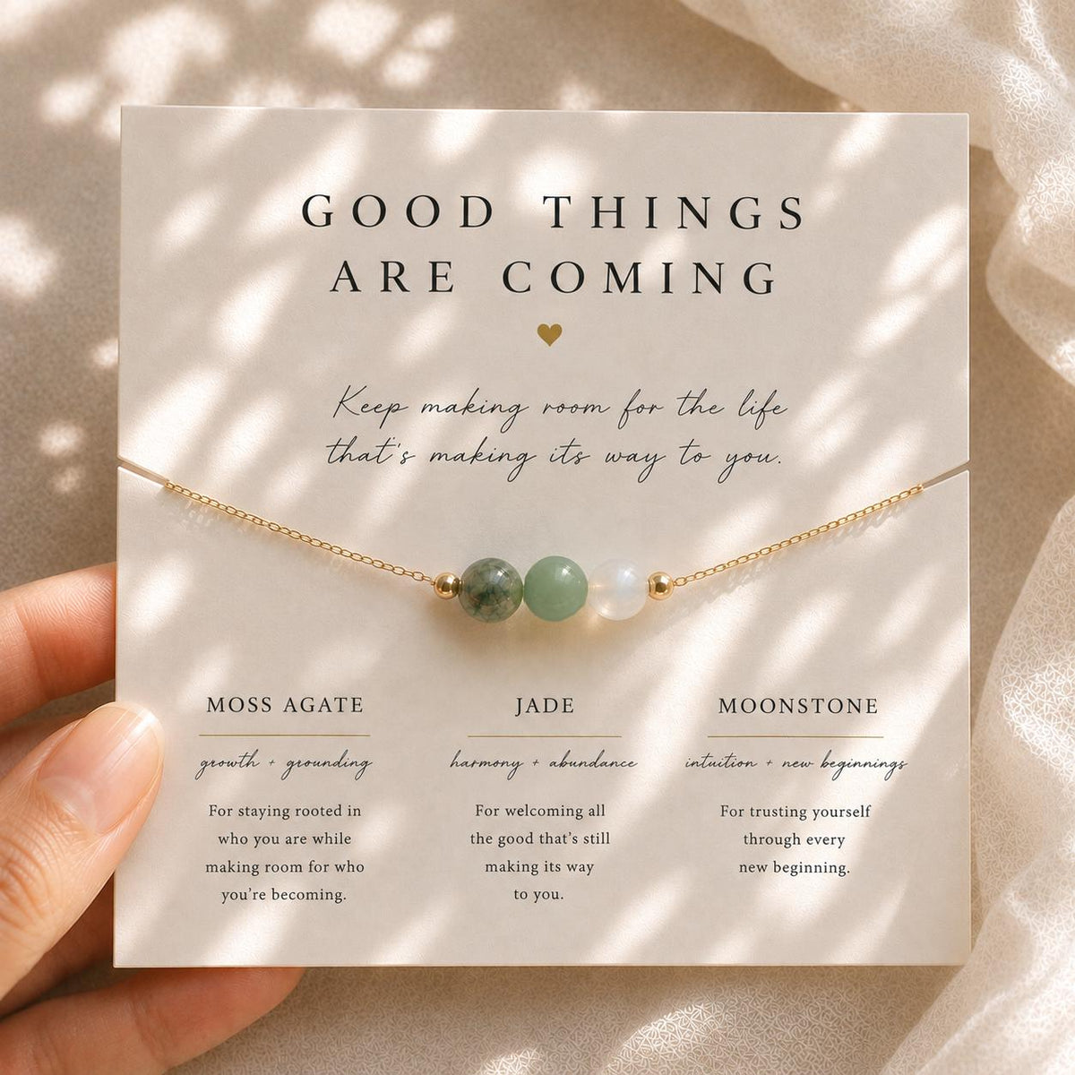 Good Things Are Coming Necklace | Moss Agate Jade Moonstone | New Beginnings Gift | Meaningful Gemstone Necklace for Her