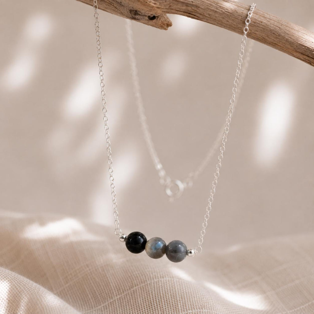 Protect Your Peace Necklace, Obsidian Labradorite Black Moonstone Necklace, Protection Jewelry, Grounding Gift for Her, Healing Necklace