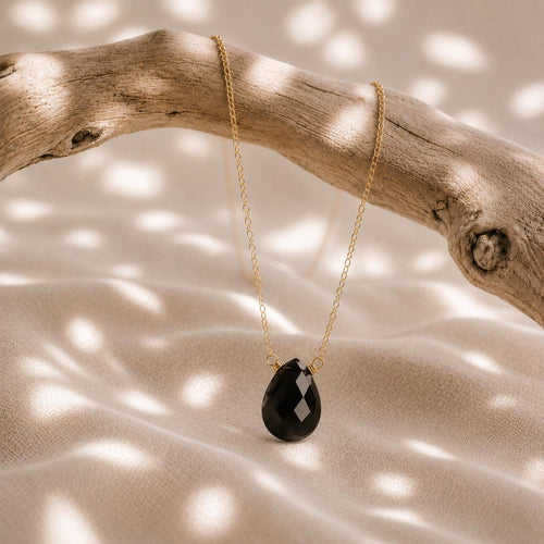 Black Onyx Floating Pendant Necklace, Minimalist Teardrop Gemstone Necklace