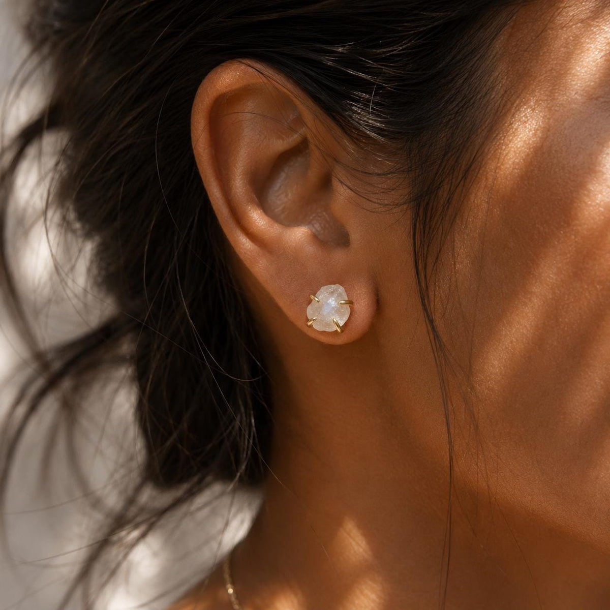 Raw Moonstone Stud Earrings | Natural Moonstone Earrings | June Birthstone Earrings | Rough Gemstone Studs | Gold Crystal Earrings