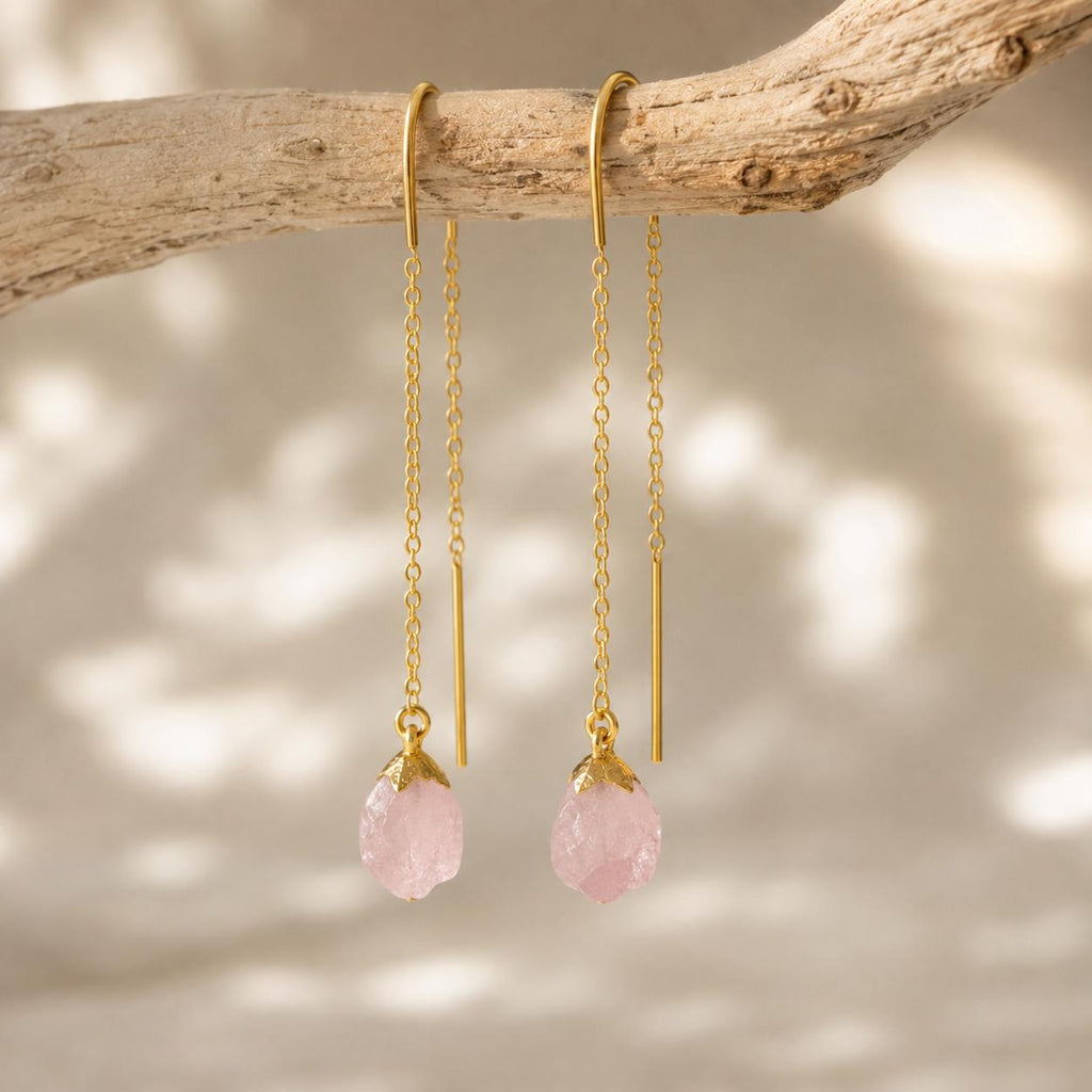 Rose Quartz Threader Earrings | Raw Pink Gemstone Earrings | Gold Threader Earrings, Dainty | Crystal Earrings | October Birthstone Jewelry