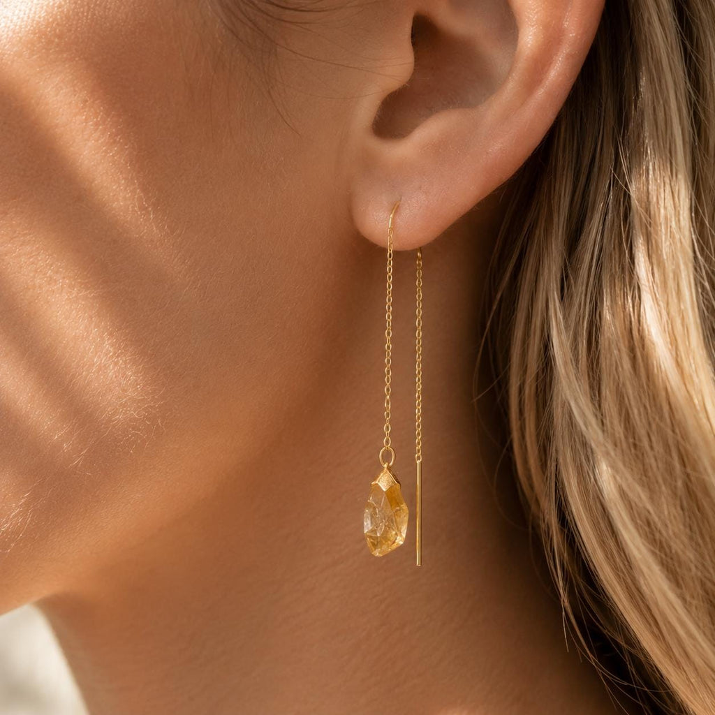 Raw Citrine Threader Earrings | Natural Citrine Earrings | Gold or Silver Gemstone Earrings | November Birthstone | Dainty Crystal Earrings
