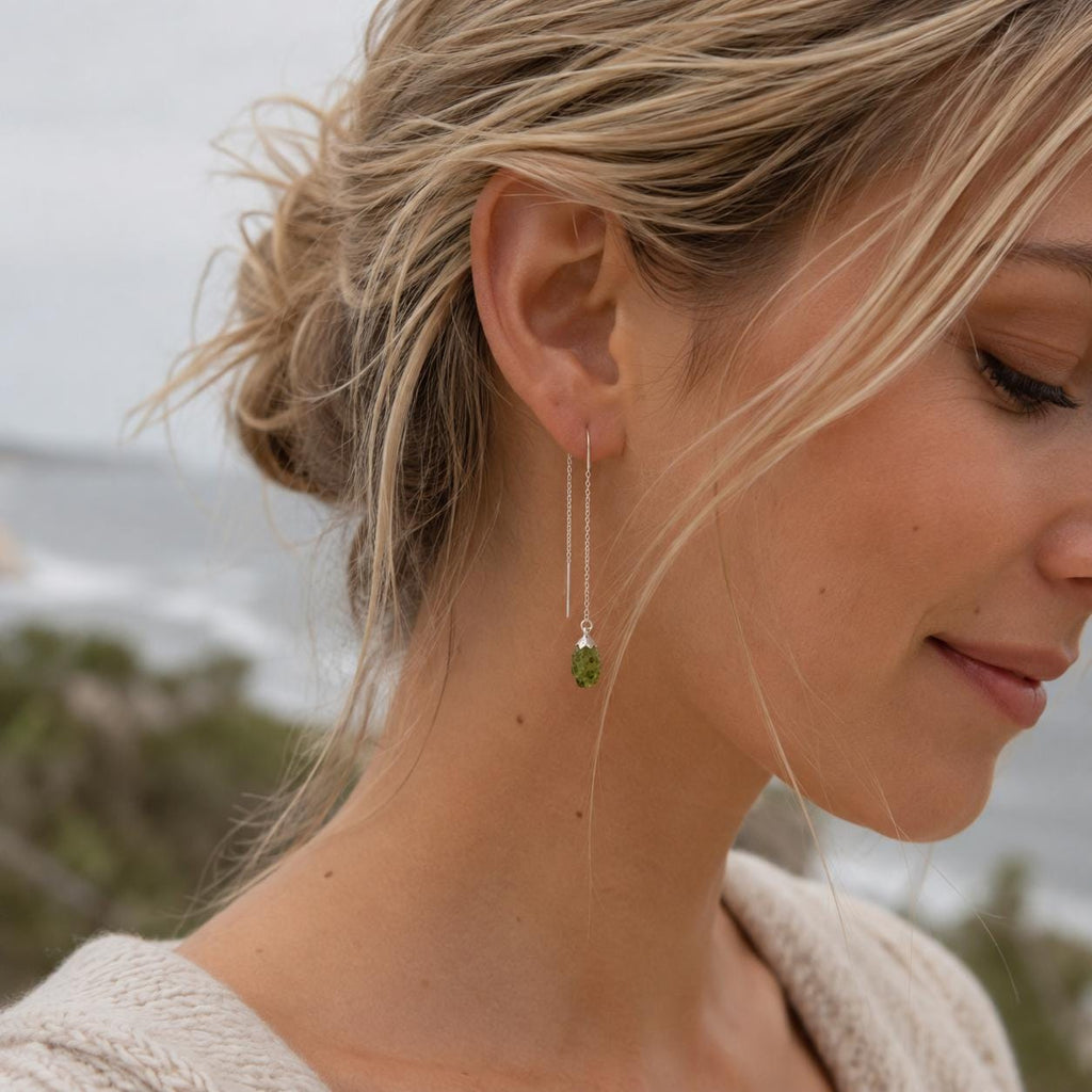 Raw Peridot Threader Earrings | Natural Peridot Gemstone Earrings | August Birthstone Jewelry | Dainty Crystal Earrings