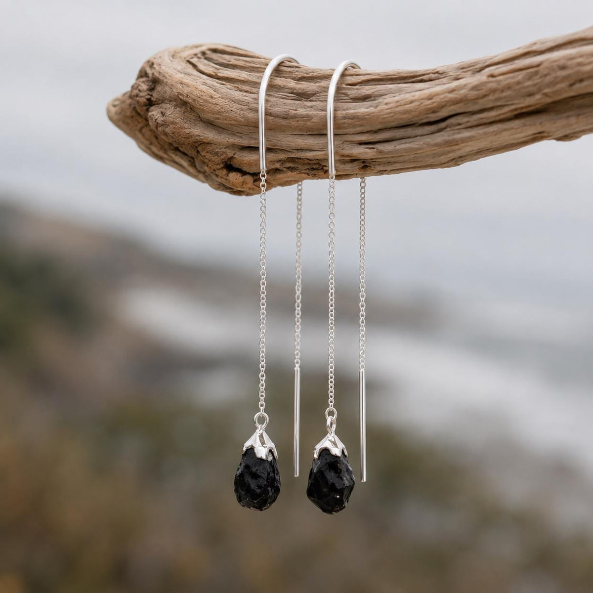 Raw Black Onyx Threader Earrings | Natural Black Gemstone | Gold or Silver Threader Earrings | Dainty Crystal Jewelry | Gift for Her