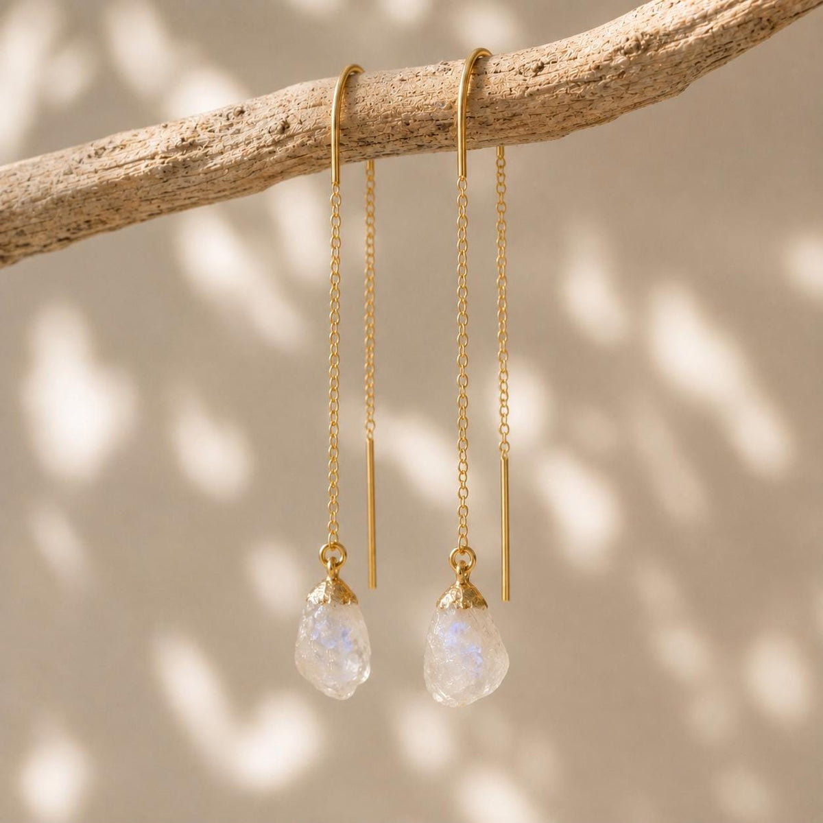 Raw Moonstone Threader Earrings | Natural Moonstone Crystal Earrings | Dainty Gold or Silver Gemstone Earrings | June Birthstone Jewelry