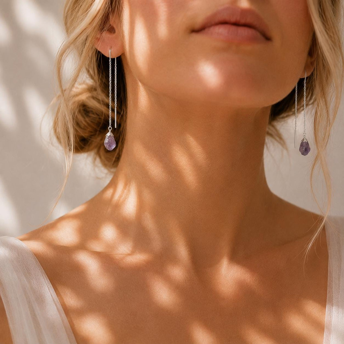 Raw Amethyst Threader Earrings | Natural Amethyst Gemstone | Gold or Silver | February Birthstone Jewelry | Dainty Purple Crystal Earrings