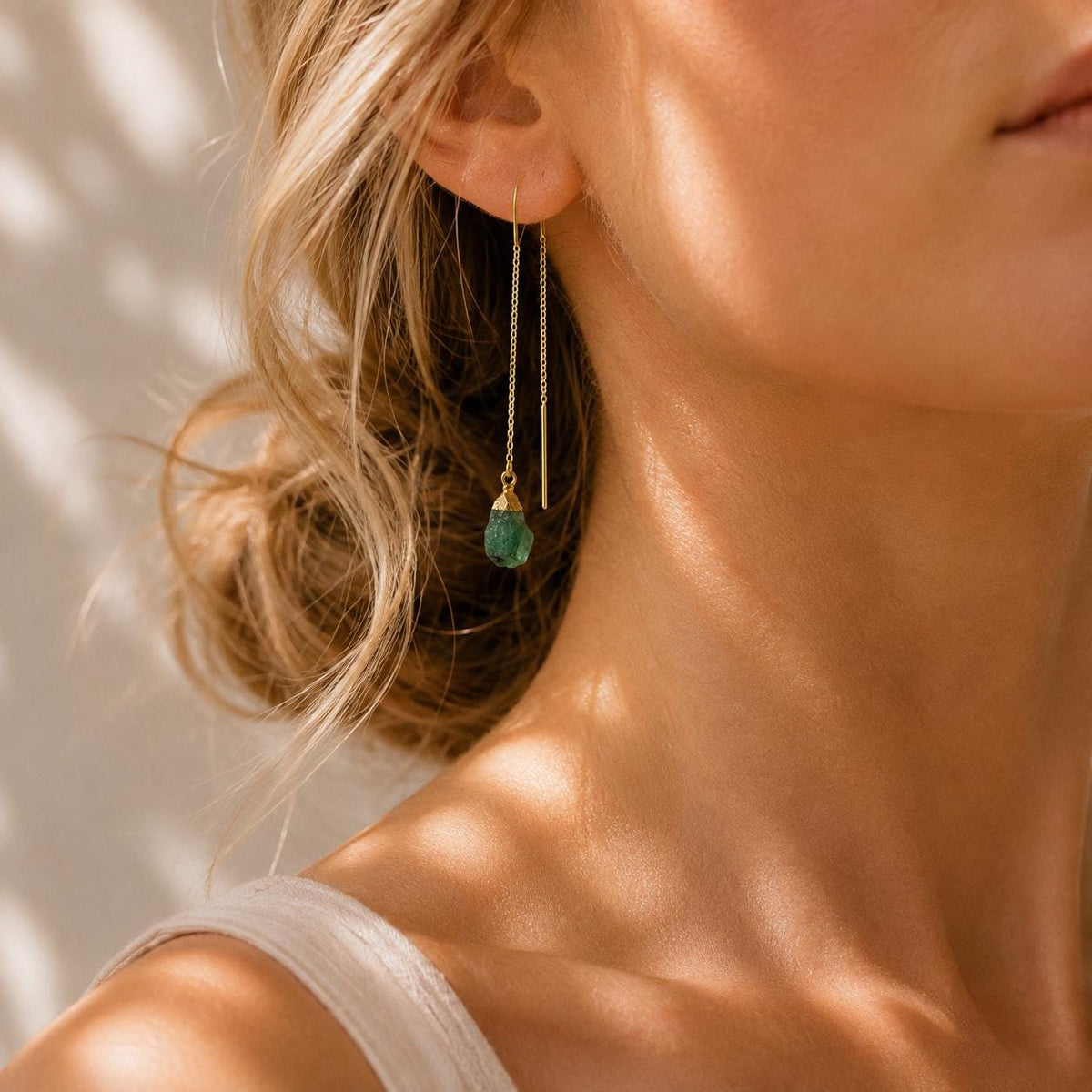 Raw Emerald Threader Earrings | May Birthstone Earrings | Natural Emerald Earrings | Green Gemstone Dangle Earrings