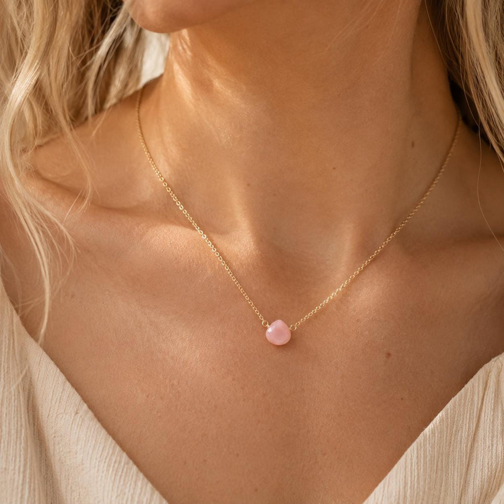Pink Opal Necklace | Natural Pink Opal Gemstone Necklace | Minimalist October Birthstone Jewelry