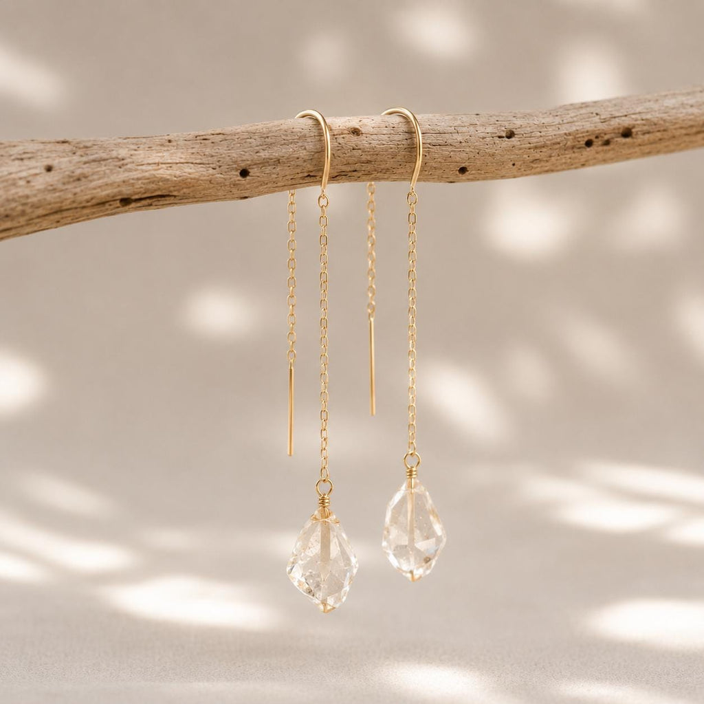 Herkimer Diamond Threader Earrings, Natural Crystal Threader Jewelry, Minimalist Celestial Bridal Earrings