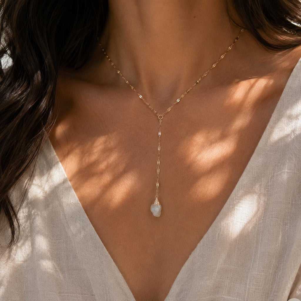 Raw Garnet Lariat Necklace | Gold or Silver Y Necklace | January Birthstone Jewelry | Red Gemstone Drop Necklace | Dainty Garnet Necklace