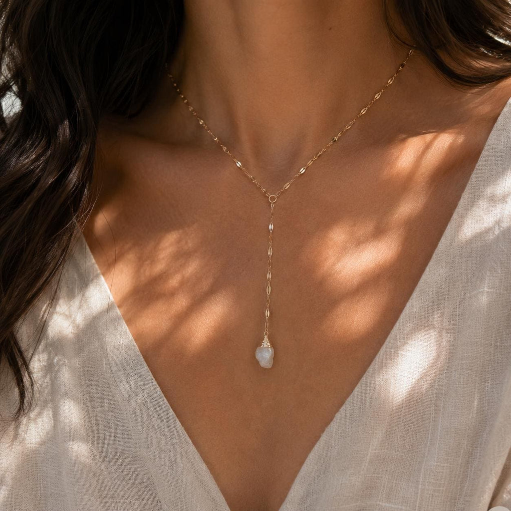 Raw Moonstone Lariat Necklace | Gold or Silver Y Necklace | June Birthstone Jewelry | Gemstone Drop Necklace | Dainty Moonstone Necklace