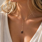 Raw Garnet Lariat Necklace | Gold or Silver Y Necklace | January Birthstone Jewelry | Red Gemstone Drop Necklace | Dainty Garnet Necklace