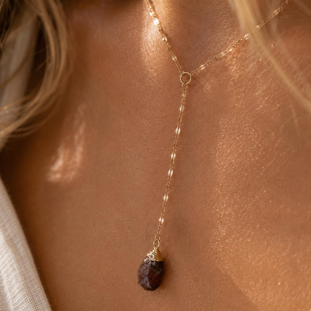 Raw Garnet Lariat Necklace | Gold or Silver Y Necklace | January Birthstone Jewelry | Red Gemstone Drop Necklace | Dainty Garnet Necklace
