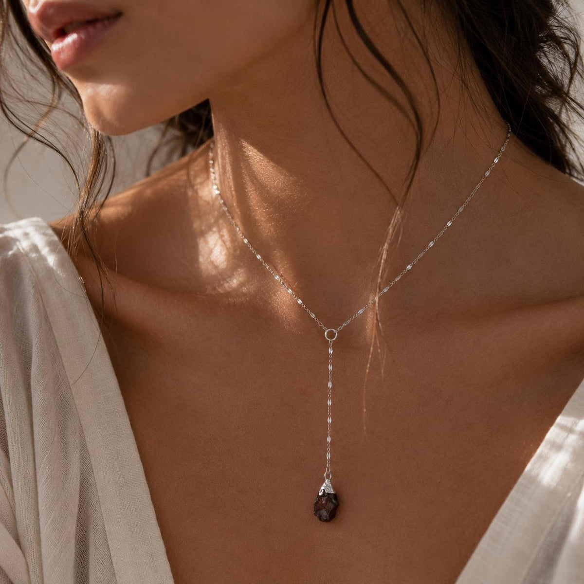 Raw Garnet Lariat Necklace | Gold or Silver Y Necklace | January Birthstone Jewelry | Red Gemstone Drop Necklace | Dainty Garnet Necklace