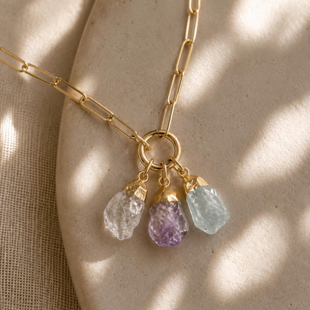 Personalized Raw Gemstone Charm Keeper Necklace | Choose 1–3 Birthstones | Family Birthstone Necklace | Custom Gemstone Jewelry