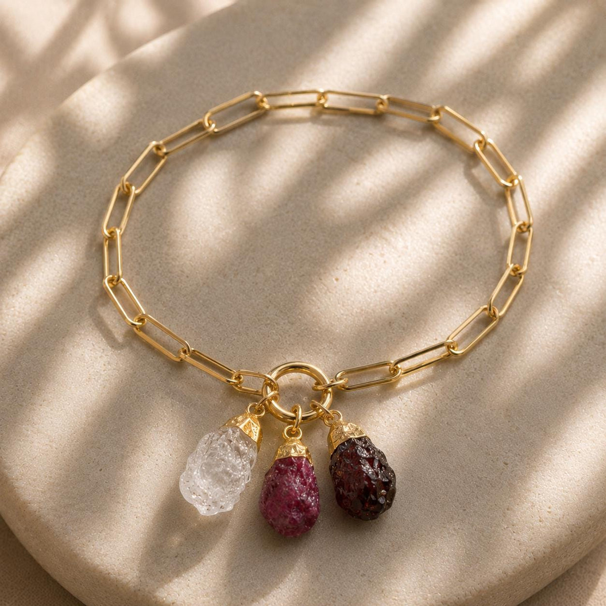 Personalized Raw Gemstone Charm Keeper Bracelet | Choose 1-3 Birthstones | Gold Paperclip Bracelet | Family Birthstone Jewelry