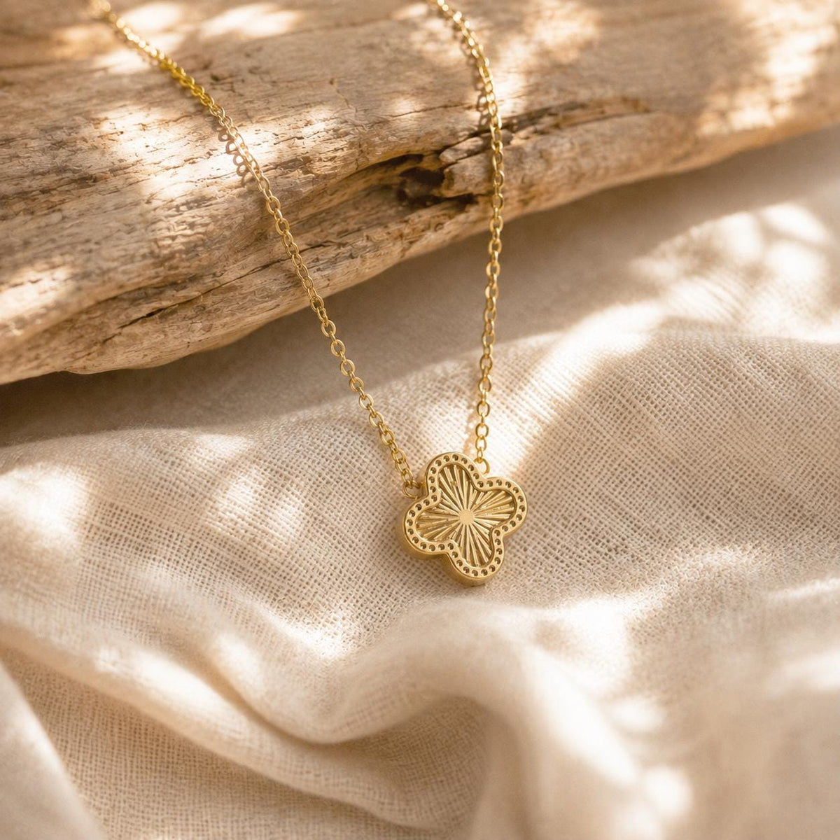 Clover Sunburst Pendant Necklace | Dainty Gold Quatrefoil Necklace | Minimalist Everyday Jewelry | Good Luck Gift for Her
