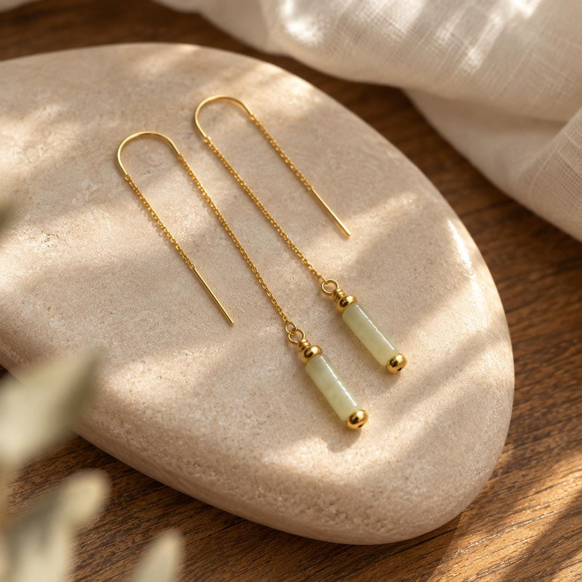 Natural Jade Threader Earrings | Green Gemstone Drop Earrings | Gold Dangle Earrings | May Birthstone Jewelry | Minimalist Jade Earrings