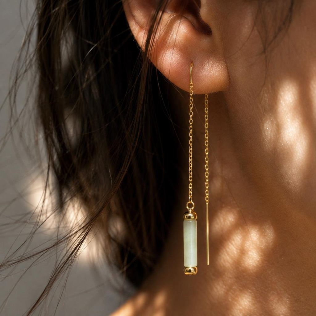 Natural Jade Threader Earrings | Green Gemstone Drop Earrings | Gold Dangle Earrings | May Birthstone Jewelry | Minimalist Jade Earrings