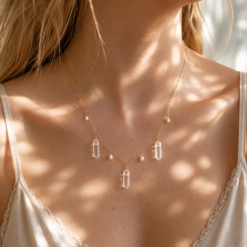 Clear Quartz & Pearl Drop Necklace – Gold Crystal Necklace, 20 Inch Pearl Charm Necklace, Boho Gemstone Necklace, Layering Jewelry