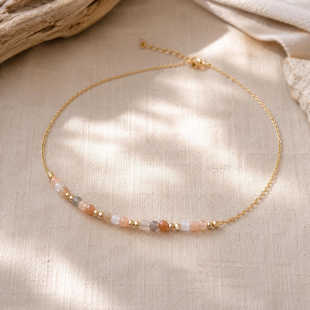 Natural Moonstone Necklace | Peach Moonstone Beaded Necklace | Dainty Gemstone Necklace | June Birthstone Jewelry | Gold Moonstone Necklace
