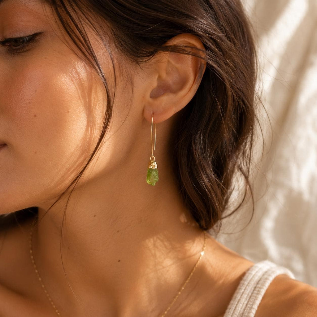 Raw Peridot Earrings | August Birthstone Jewelry | Natural Green Gemstone Drop Earrings