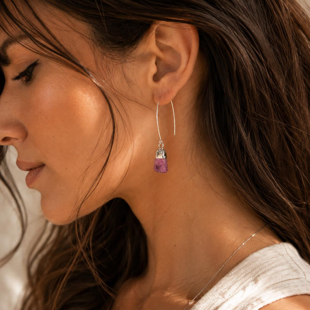Raw Ruby Earrings | July Birthstone Jewelry | Natural Red Gemstone Drop Earrings
