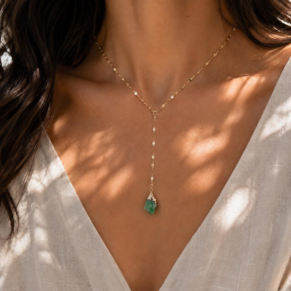 Raw Emerald Lariat Necklace | Gold or Silver Y Necklace | May Birthstone Jewelry | Green Gemstone Drop Necklace