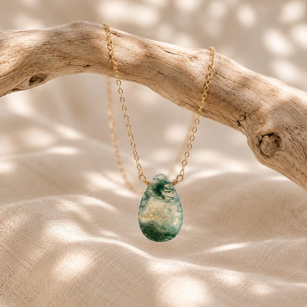 Moss Agate Necklace, Nature Inspired Jewelry, Dainty Green Gemstone Necklace, Minimalist Gift for Her