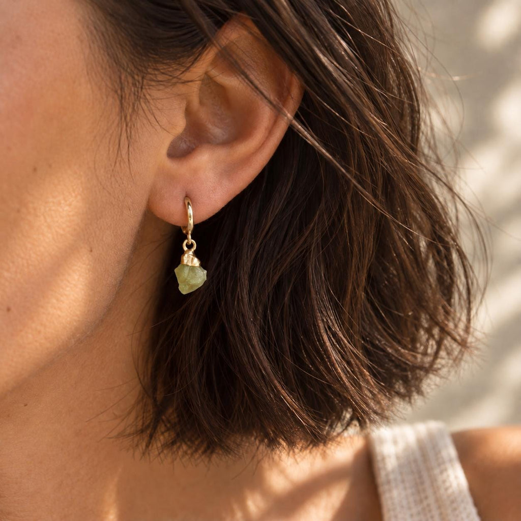 Raw Peridot Huggie Hoop Earrings | Dainty Green Gemstone Jewelry | August Birthstone Jewelry