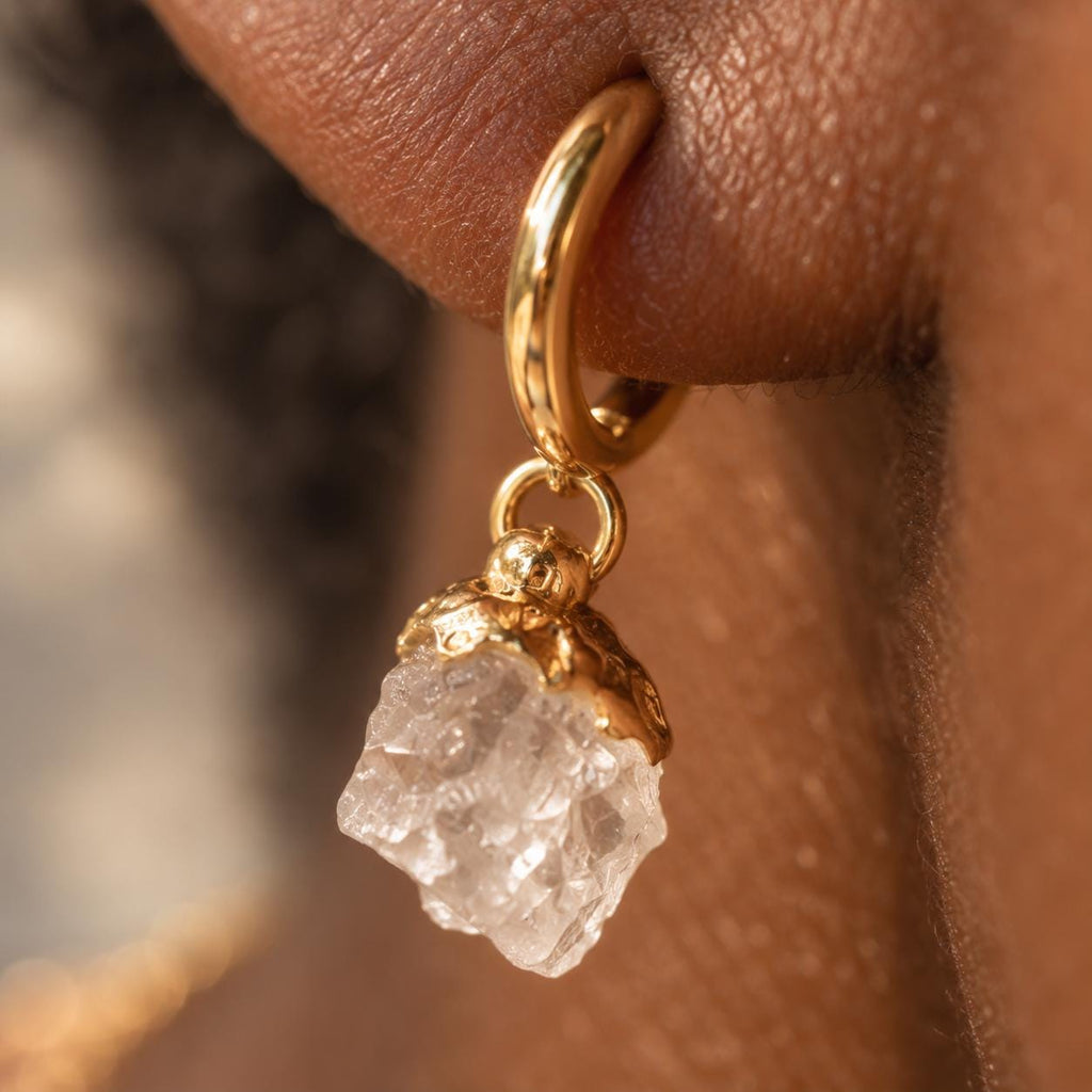 Raw Clear Quartz Huggie Hoop Earrings | April Birthstone Jewelry | Dainty Gold Gemstone Hoops