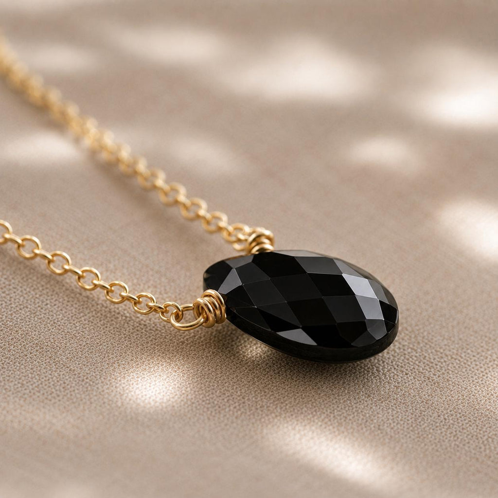 Black Onyx Floating Pendant Necklace, Minimalist Teardrop Gemstone Necklace