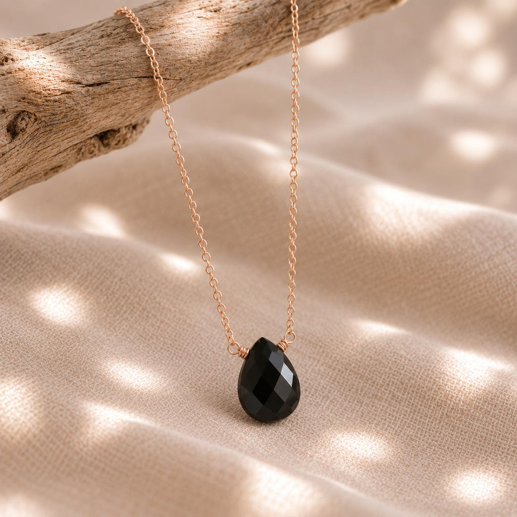 Black Onyx Floating Pendant Necklace, Minimalist Teardrop Gemstone Necklace