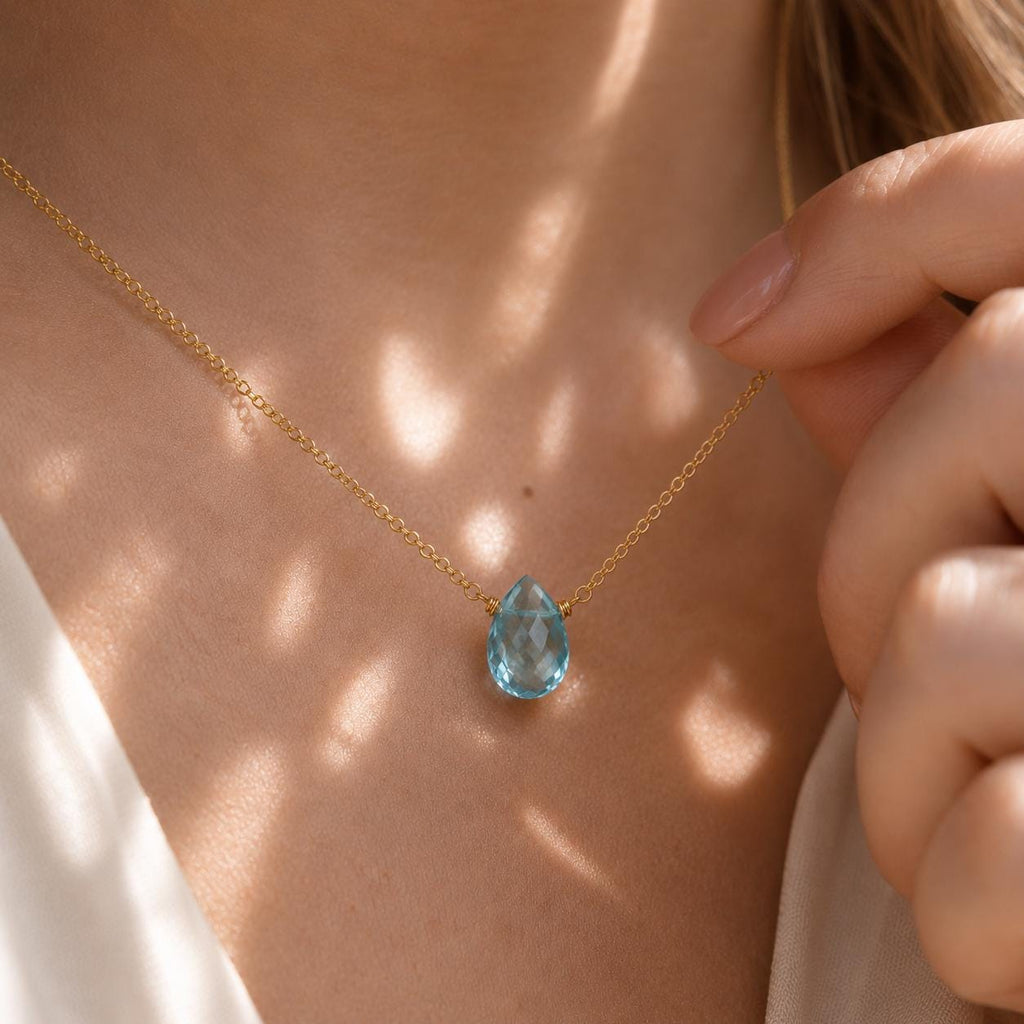 Blue Topaz Teardrop Necklace, December Birthstone Jewelry, Minimalist Blue Gemstone Necklace, Gift for Her