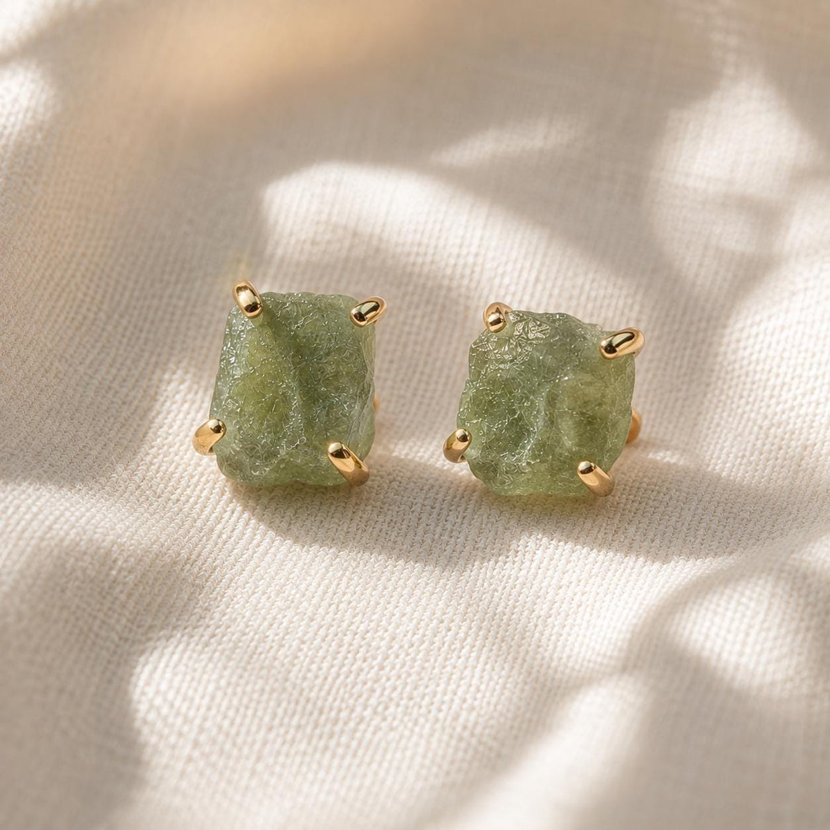 Raw Peridot Stud Earrings | August Birthstone Earrings | Natural Gemstone Studs | Rough Peridot Earrings | Gold Green Stone Earrings