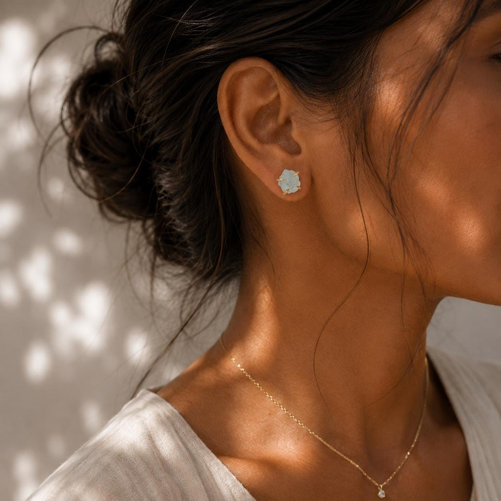 Raw Aquamarine Stud Earrings | Natural Gemstone, March Birthstone (7-10mm)