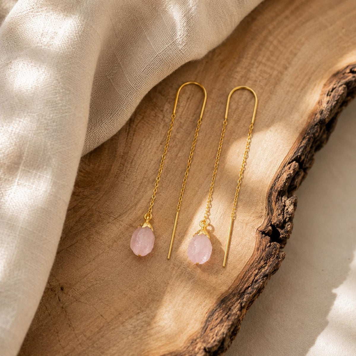 Rose Quartz Threader Earrings | Raw Pink Gemstone Earrings | Gold Threader Earrings, Dainty | Crystal Earrings | October Birthstone Jewelry