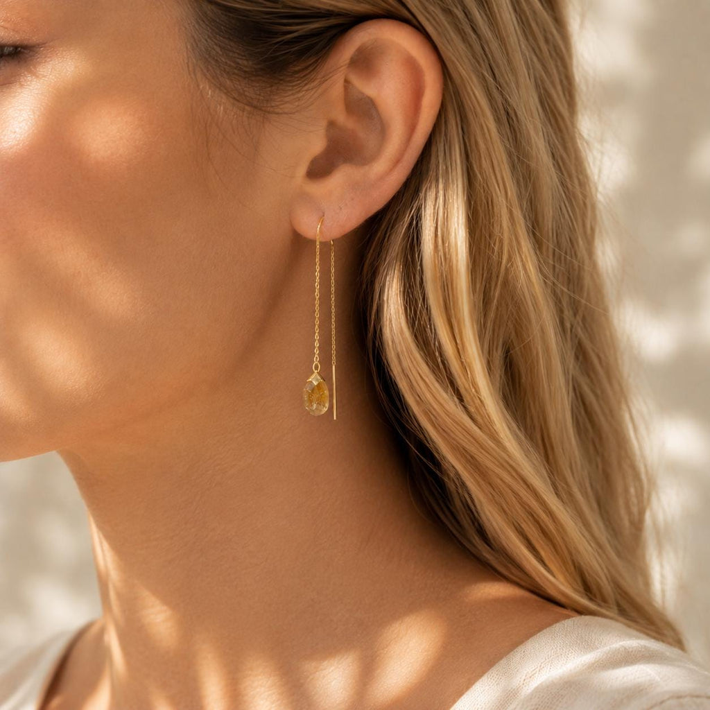 Raw Citrine Threader Earrings | Natural Citrine Earrings | Gold or Silver Gemstone Earrings | November Birthstone | Dainty Crystal Earrings