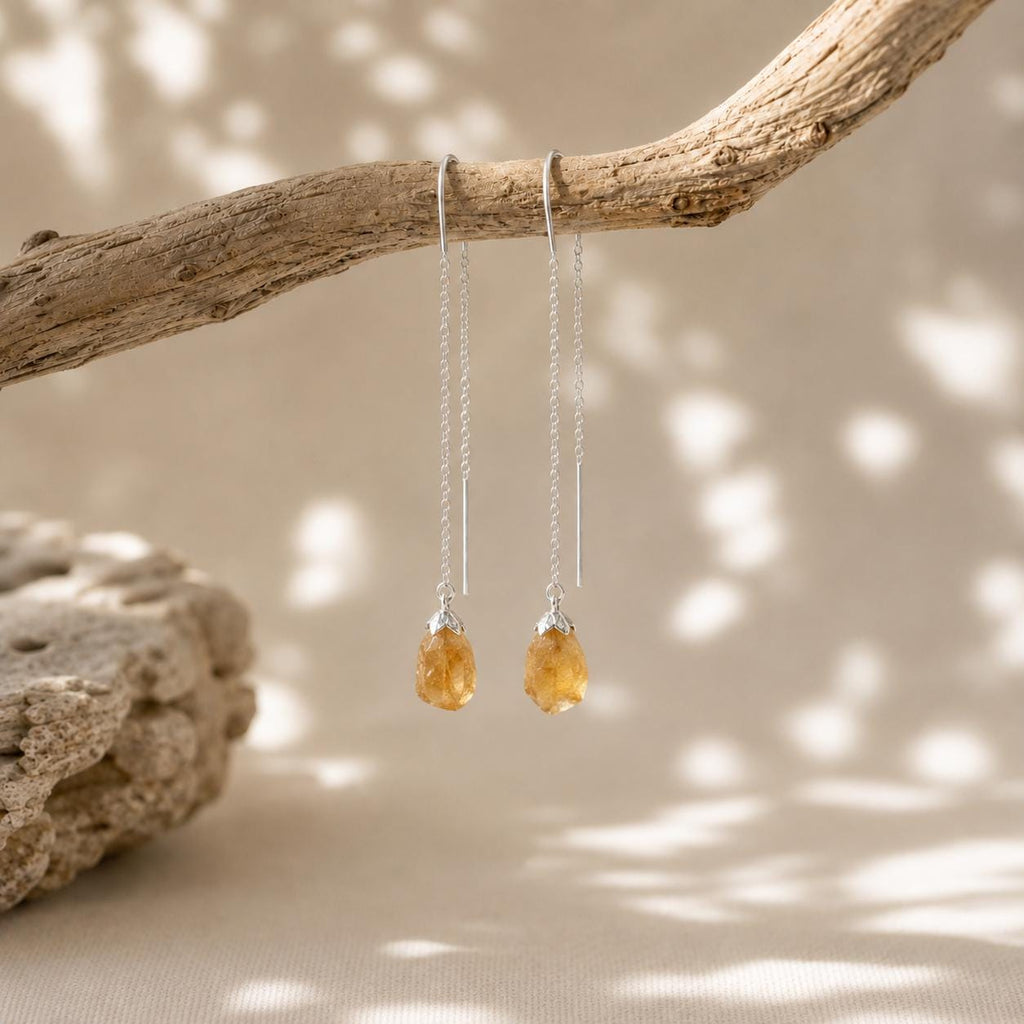 Raw Citrine Threader Earrings | Natural Citrine Earrings | Gold or Silver Gemstone Earrings | November Birthstone | Dainty Crystal Earrings