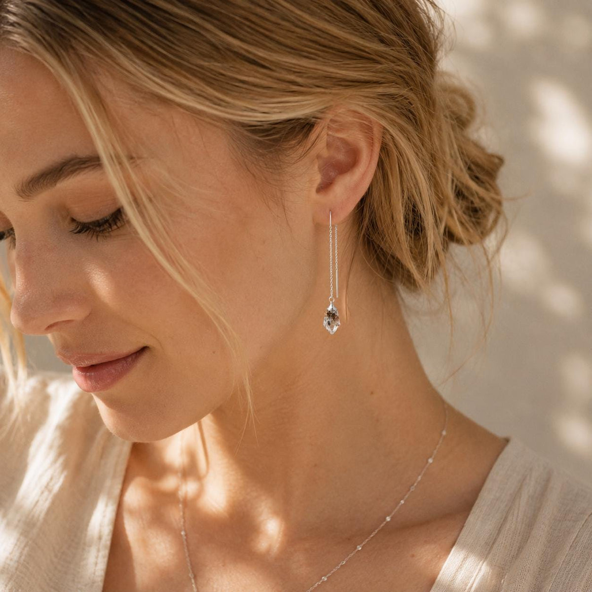 Herkimer Diamond Threader Earrings | Raw Quartz Crystal Earrings | Dainty Crystal Dangle Earrings | April Birthstone